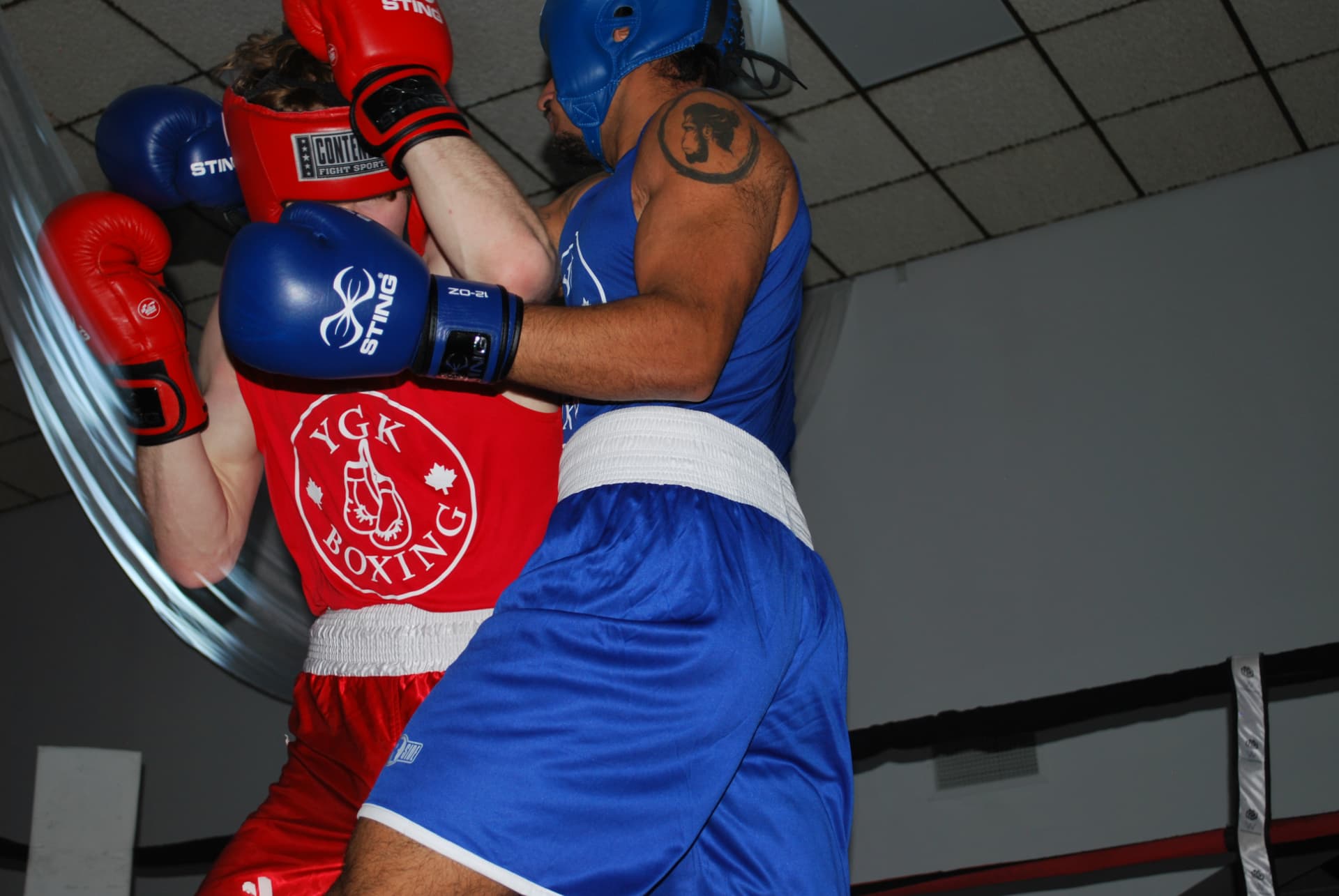 Two FFAC fighters in a close clinch, red and blue corners